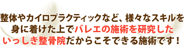 整体やカイロプラクティックなど、様々なスキルを身に着けたうえでバレエの施術を研究したいっしき整骨院だからこそできる施術です